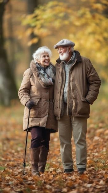 Premium AI Image | Joyful elderly couple walking hand in hand in a scenic autumn park