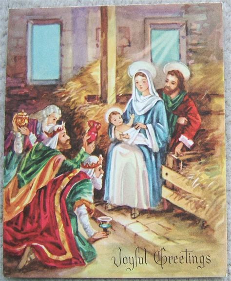 VINTAGE NATIVITY MANGER SCENE CHRISTMAS SIX GREETING CARDS 6 USED HOLIDAY CARDS - Cards