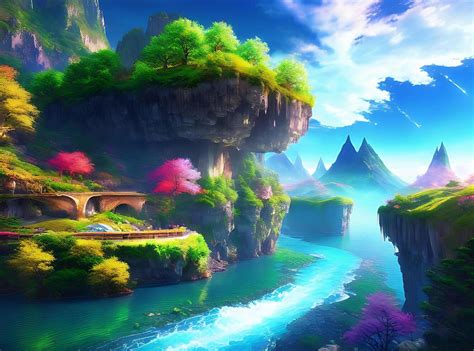 Wallpaper landscape, painting, fantasy art, anime, water, nature, sky, clouds, Earth, bridge ...