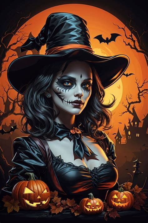 a woman dressed as a witch in front of a full moon with pumpkins and bats