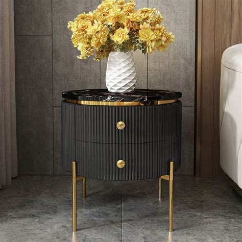 Modern Round End Table With Storage Black Faux Marble Side Table Gold Legs