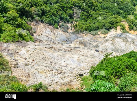 View of Drive-In Volcano Sulphur Springs on the Caribbean island of St. Lucia. La Soufriere ...