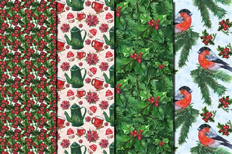 Christmas flowers watercolor seamless patterns By Dolly Potterson | TheHungryJPEG