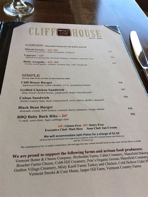 Menu at Cliff House Restaurant, Stowe, Mountain Rd