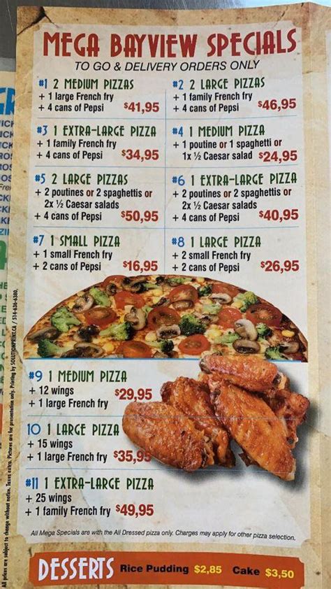 Menu at Bayview Pizzeria, Kahnawake