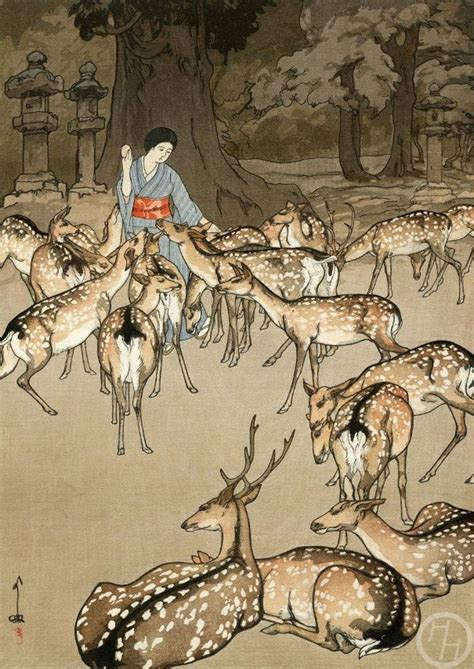 Japanese Art Print deer in Kasuga by Yoshida - Etsy