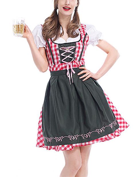 MISSKY Women Fashionable Beer Festival Dress Classic Plaid Dress Set Oktoberfest Party Show ...