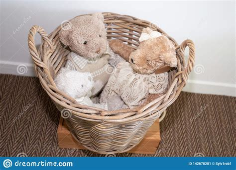 Straw Basket of Stuffed Animals Vintage Teddy Bears Stock Image - Image of object, furry: 142678281