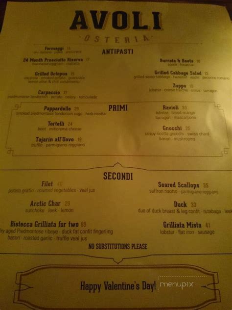 Menu of Avoli Osteria in Omaha, NE 68132