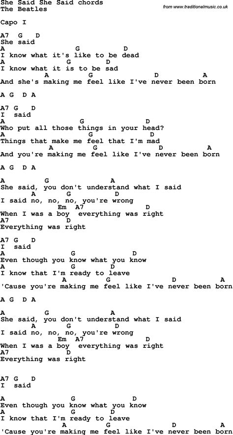 Song lyrics with guitar chords for She Said She Said - The Beatles