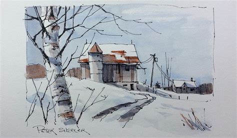 Winter Barn sketch with two colors | Peter sheeler, Pen and wash, Watercolor landscape