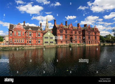 Buildings along the river Great Ouse embankment, Bedford town; Bedfordshire County, England, UK ...