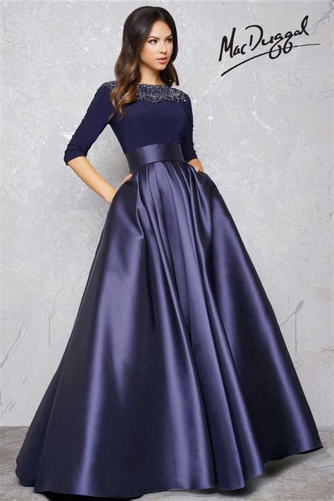 Midnight Blue Couture Dress with Sleeves | Evening gowns with sleeves ...