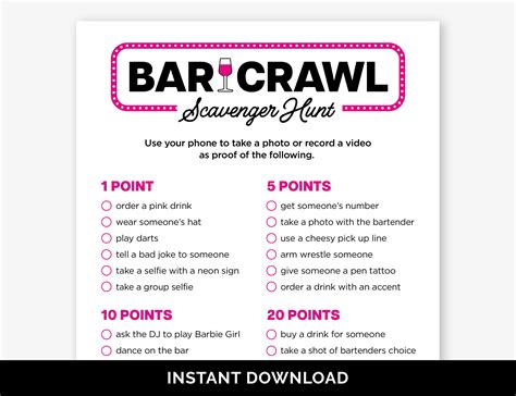 Bar Crawl Scavenger Hunt, Printable Bar Hopping Game for a Birthday Bar ...