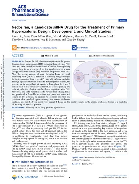 (PDF) Nedosiran, a Candidate siRNA Drug for the Treatment of Primary ...