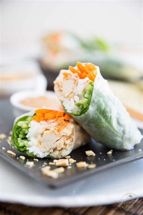 Chicken Spring Rolls with Creamy Peanut Sauce • The Healthy Foodie