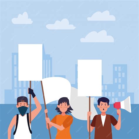 Premium Vector | Cartoon people protesting holding blank signs and ...