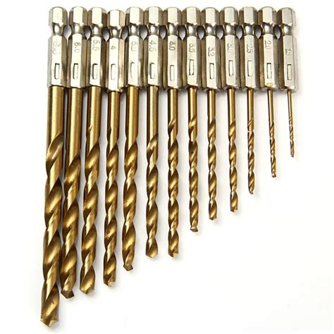 High Precision 13PCS 1.5mm 6.5mm Titanium Coated HSS Drill Bit Set 0.25 inch Hex Shank High ...