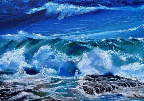 "Turning Blue" Big Wave on Rocky Beach Shore, Oil on Canvas Painting | Seascape paintings, Beach ...