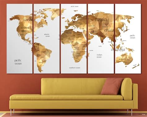 15% OFF coupon on Large gold world map canvas print set, Geometric gold map of the world, large ...