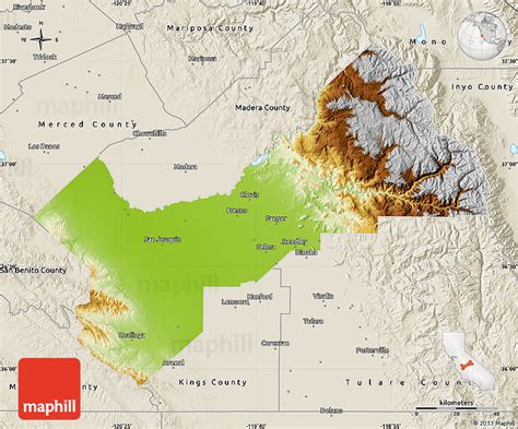 Physical Map of Fresno County, shaded relief outside