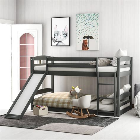 EUROCO Twin Over Twin Low Bunk Bed With Slide And Ladder ,Gray - Walmart.com in 2020 | Low bunk ...