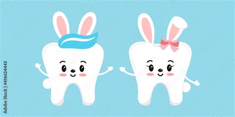 Easter bunny rabbit teeth dental icon set isolated. Dentist easter cute white tooth character ...