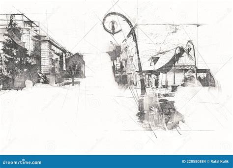 Wooden Architecture of Zakopane at Day, Poland, Illustration Art Drawing Sketch Stock ...