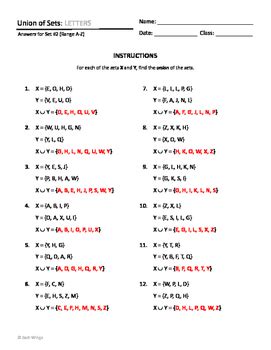 Set Intersection and Union Worksheets - Letters, Numbers, and Alphanumeric