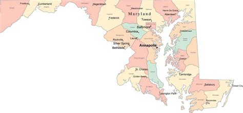 Multi Color Maryland Map with Counties, Capitals, and Major Cities