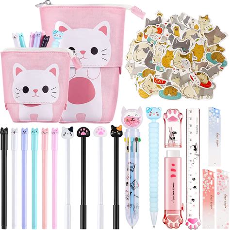 Amazon.com: 64 Pcs Cute Cat Stationery Set Kawaii Pop up Pencil Case 10 ...