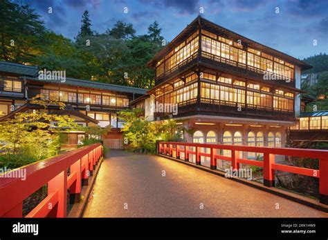 Shima Onsen, Gunma, Japan traditional architecture at dusk Stock Photo ...