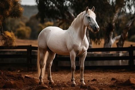 Premium AI Image | A white horse stands in front of a fence with a tree ...