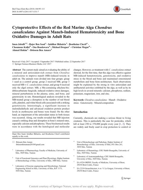 Cytoprotective Effects of the Red Marine Alga Chondrus canaliculatus Against Maneb-Induced ...