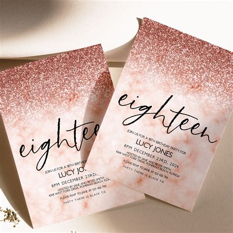 Editable 18th Birthday Party Invitation for Women 18th Invite Rose Gold Glitter Marble Instant ...