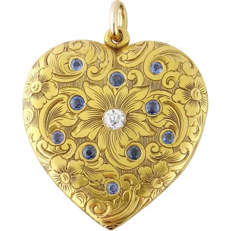 Antique Edwardian 14K Gold Diamond Sapphire Engraved Heart Locket Pendant c.1910 | Engraved ...