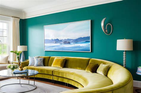 Premium AI Image | Interior of a green living room with a yellow sofa and a blue wall