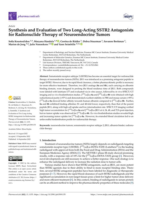 (PDF) Synthesis and Evaluation of Two Long-Acting SSTR2 Antagonists for Radionuclide Therapy of ...