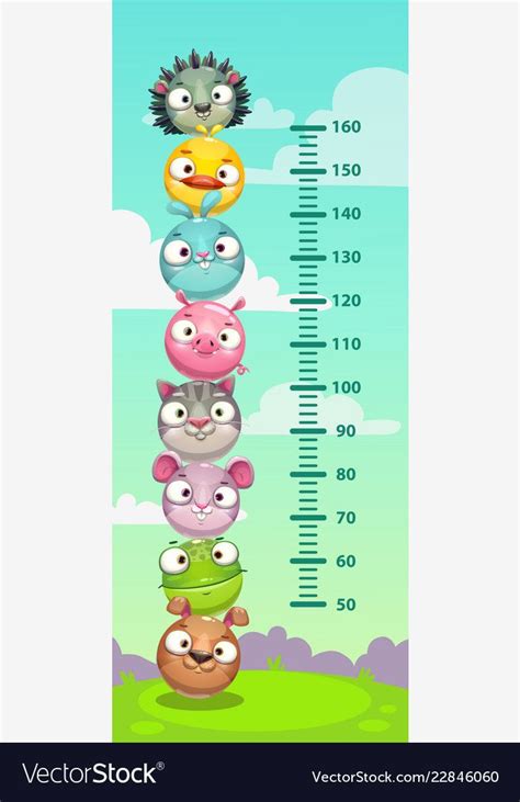 Kids height chart. Wall metter with funny cartoon round animals. Vector ...