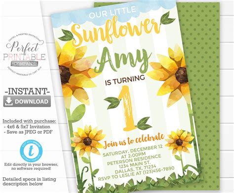 Sunflower Birthday Invitation, Sunflower Invite, 1st Birthday Invitation, Summer Birthday ...