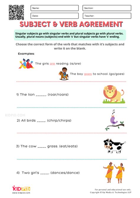 Agreement of Subjects & Verb Printable Worksheets for Grade 2 - Kidpid