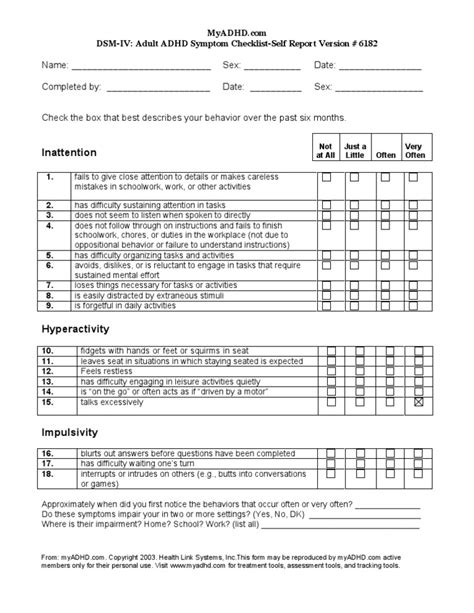 DSM-IV Adult ADHD Symptom Checklist-Self Report Version # 6182 | Adult ...