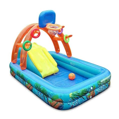 Inflatable Swimming Pool Kids Basketball Playing Pool with Basketball Hoop Water Slide for ...