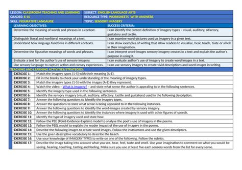 SENSORY IMAGERY: WORKSHEETS WITH ANSWERS | Teaching Resources