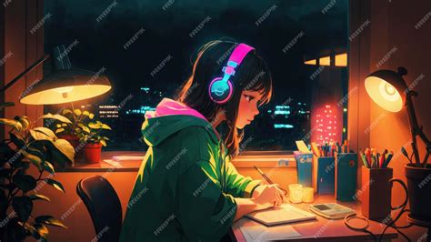 Premium AI Image | Anime Lofi Girl Relaxing Study Session with Chill Vibes