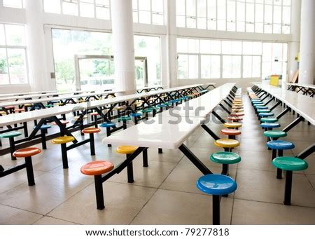 Clean School Cafeteria With Many Empty Seats And Tables. Stock Photo ...