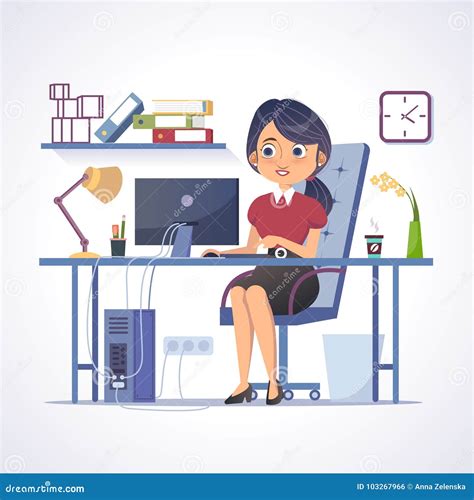 Young Woman Works in Office. Vector Clip Art Stock Illustration ...