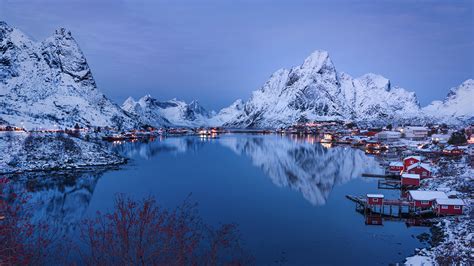 Fonds d'ecran 2560x1440 Norvège Îles Lofoten Montagnes Maison Hiver Rivières Quai Reine Villes ...