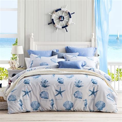 Kids Navy Blue and White Seashell, Starfish and Coral Reef Print Ocean Themed Marine Life Full ...