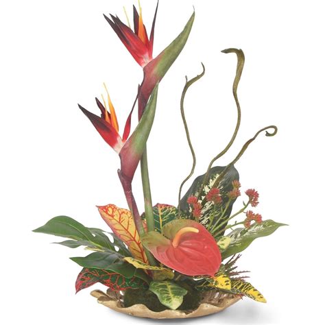 Bird of Paradise Tropical Flower Arrangement in Gold Leaf Plate, Orange | Tropical flower ...